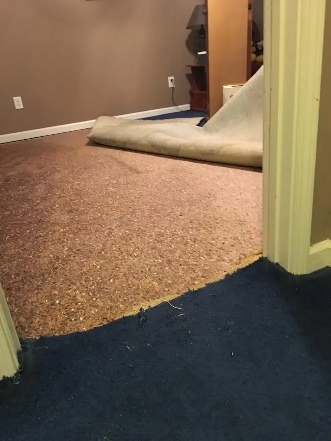 Carpet pad removal revealing water damage during Drying & Dehumidification in Hempfield